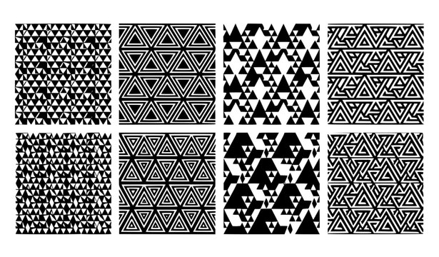 Geometric Triangle Seamless Pattern Set with Abstract Monochrome Line Art, Tribal Textures, Modern Minimalist Vector Backgrounds, and Mosaic Swatches for Graphic Design