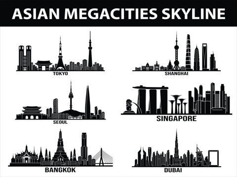 Set of Asian city skylines