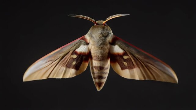 Intricate moth with detailed wings slowly flapping in cinematic slow motion against a dark background with subtle lighting