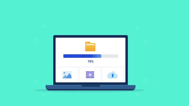 Modern flat vector animation of a laptop displaying a folder management interface with image, cloud storage icons, and progress bar. Ideal for file organization, software, and web technology projects.