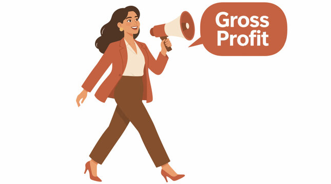 Businesswoman holding megaphone with gross profit text.