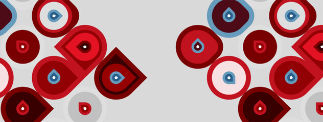 Naklejka premium Abstract pattern features red, blue circles, droplet shapes. Background is light gray, creating modern visual texture.
