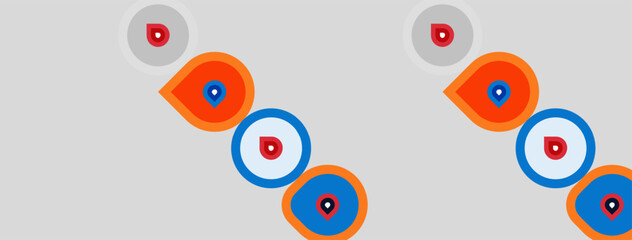Fototapeta premium Circles with orange outlines, blue centers, plus smaller red dots inside. Pattern repeats across light gray background. Simple design.
