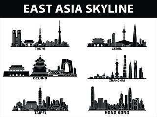 Fototapeta premium East Asian city skylines set with Tokyo Seoul Beijing Shanghai Taipei Hong Kong