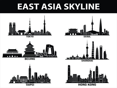 East Asian city skylines set with Tokyo Seoul Beijing Shanghai Taipei Hong Kong