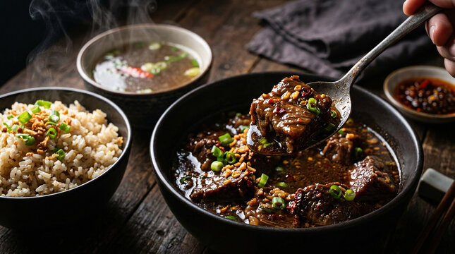 Close-up spoonful of tender braised beef pares with garlic rice, hot broth, scallions, and chili sauce