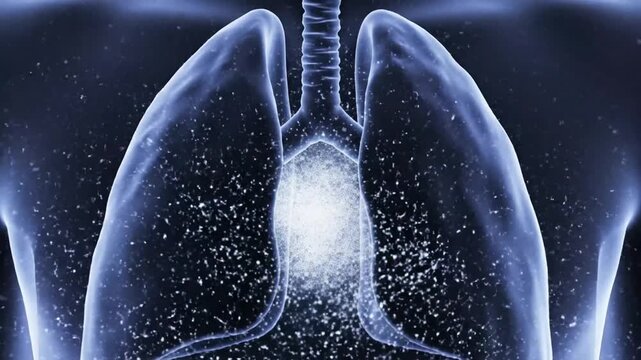 Lungs silhouette rendered in blue light features floating particles representing respiratory system health.
