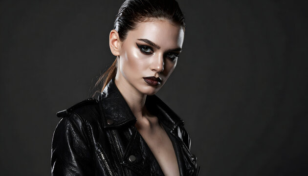 A Sleek ponytail woman standing in dark studio looks controlled hard and full of directional cold dramatic dark fashion energy generative AI