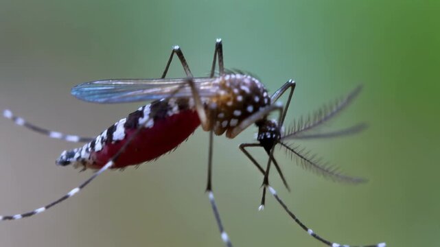 Mosquito insect feeding on blood with macro detail during daytime on blurred green background cinematic motion