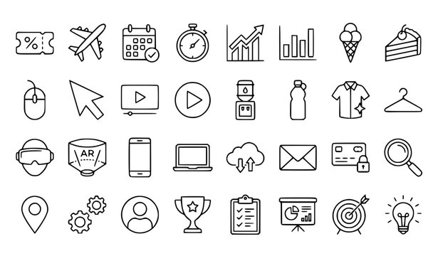 Modern Business Travel and Technology Line Icon Pack with Flight Sale and Statistics Vector