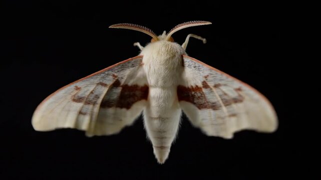 Moth insect with patterned wings displayed against a dark background in cinematic motion