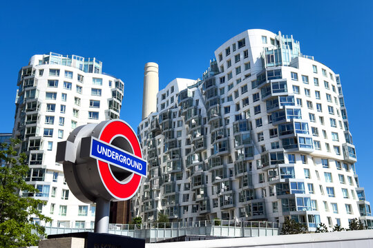 London, UK - 19 June 2026: Prospect Place at the Battersea Power Station development, with London Underground sign for the tube station. Modern architecture luxury apartments.