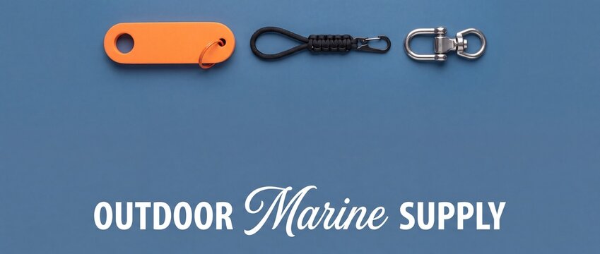 Marine hardware boating keychain accessories flat lay featuring orange floating key fob, black paracord lanyard, and stainless steel swivel shackle on blue background for outdoor yachting adventure.