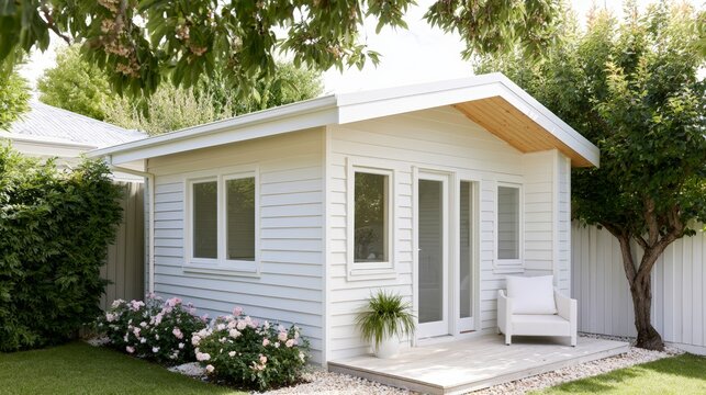 Contemporary white garden annexe with small porch and minimalist seating for backyard studio design and peaceful garden office inspiration