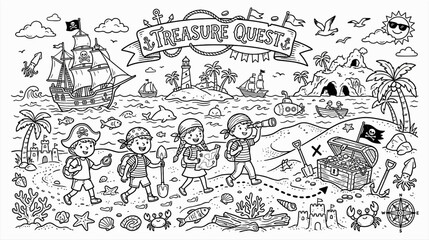 Fototapeta premium Playful treasure hunt on a sunny beach with pirates, ship, and island adventure doodles.