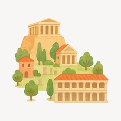 Naklejka premium Ancient Greek architecture watercolor illustration.