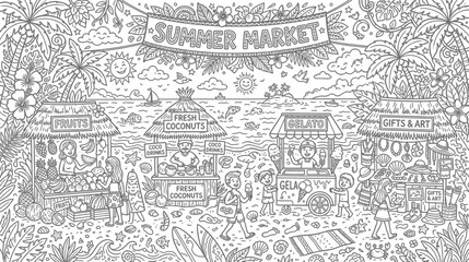 Fototapeta premium Lively outdoor summer market scene with vendors, shoppers and stalls in a busy urban street.