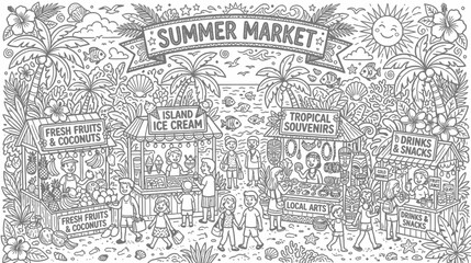 Fototapeta premium Busy summer market scene with stalls, people, and doodle style illustration.