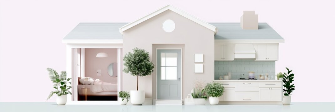 Family home cutaway showing kitchen living and bedroom spaces for full nester real estate interior design banner background