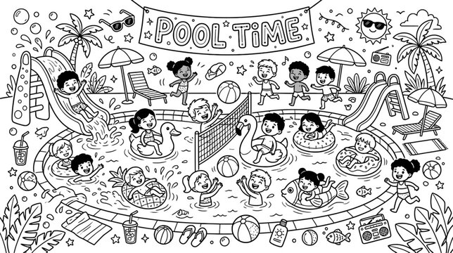 Playful pool party doodle with kids splashing, sunlit loungers, and festive summer vibe.