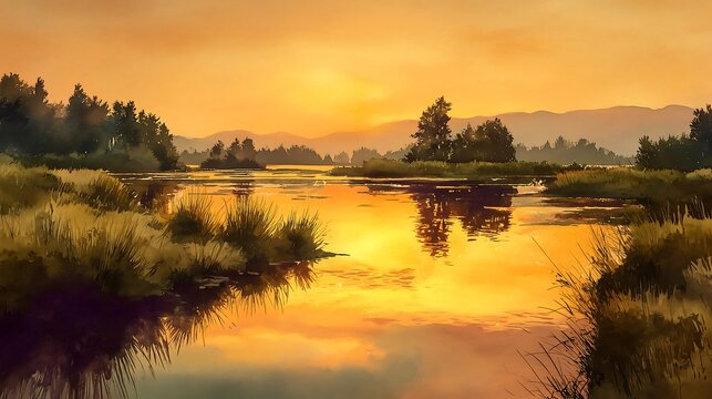 Colorful watercolor painting of a sunset reflected on a quiet river, isolated on white background, dreamy landscape illustration with warm golden tones for print and decor.