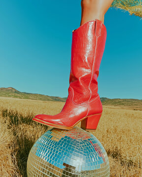 Red cowboy boots stepping outdoors near a reflective ball in a sunny landscape with soft styling. Perfect for footwear advertising, editorial design, and bold lifestyle visuals.