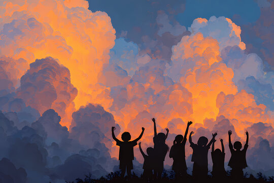 Silhouettes of happy children cheering under dramatic sunset clouds