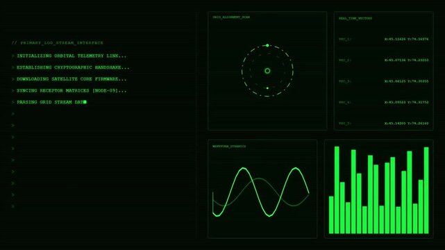 Futuristic Sci Fi Green Hacker Terminal Computer Interface HUD Screen.