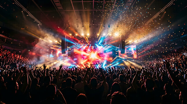 Hyperrealistic concert crowd with colorful stage lights, glowing confetti, dark silhouettes, cinematic smoke, and vibrant live music energy. AI Generated.