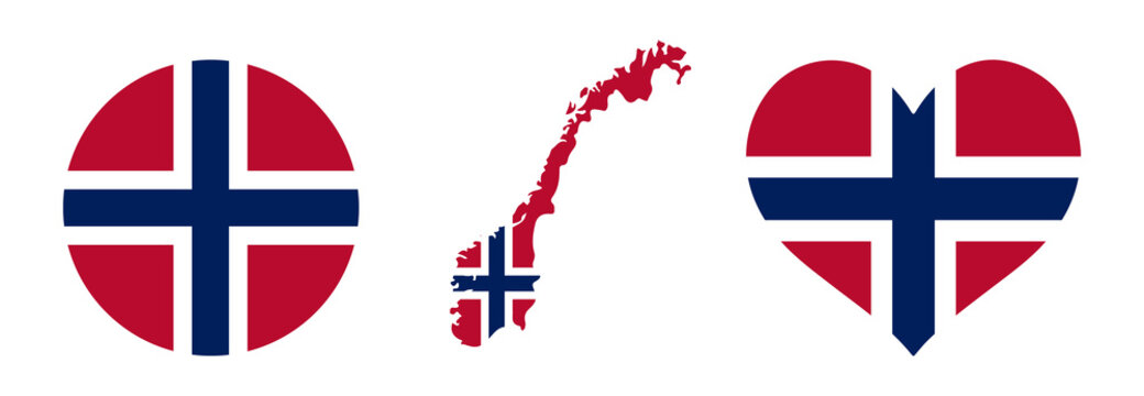 Norway flag vector set with buttons, heart, map, star, soccer, patriotic PNG