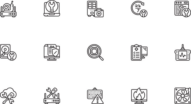 Essential IT tech support and computer repair service outline vector icon set featuring diagnostic clipboards network servers and system security shields