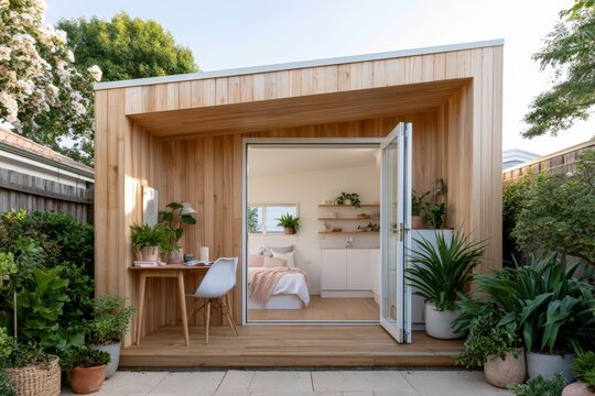 Modern wooden garden annexe backyard studio for small home office and guest room background for interior design and lifestyle