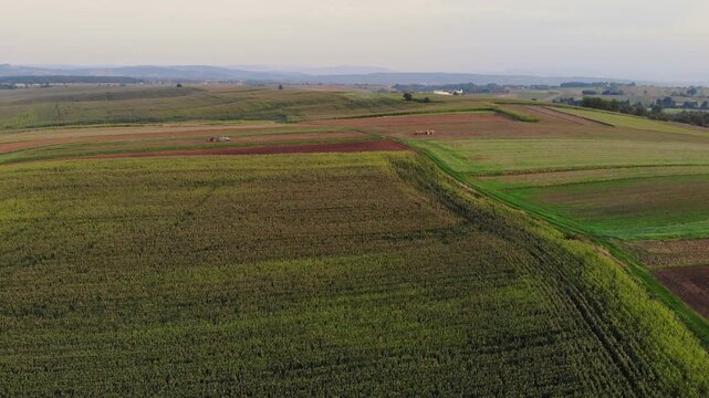 Aerial Dolly In View of Extensive Agriculture Green Fields and Patchwork Farmland in Southern Poland