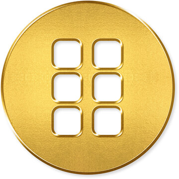 Vertical grip handle icon with gold metallic 3D coin badge for vertical grip, drag handle, vertical dots, move indicator, reorder control on transparent background