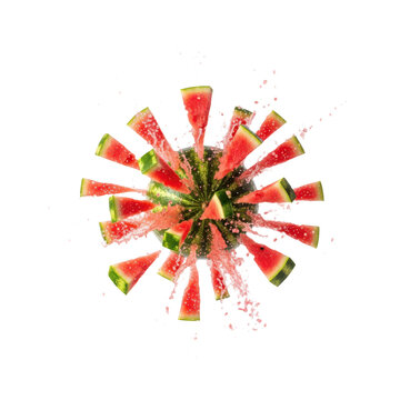 Watermelon slices exploding in radial pattern with fresh water splash, explosion