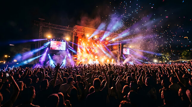 Hyperrealistic concert crowd with colorful stage lights, glowing confetti, dark silhouettes, cinematic smoke, and vibrant live music energy. AI Generated.