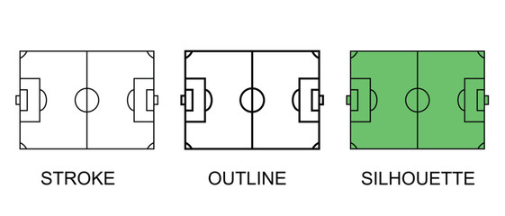 Soccer field icon set. Outline, stroke, and green silhouette football pitch symbols. © Articurve