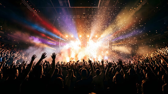Hyperrealistic concert crowd with colorful stage lights, glowing confetti, dark silhouettes, cinematic smoke, and vibrant live music energy. AI Generated.