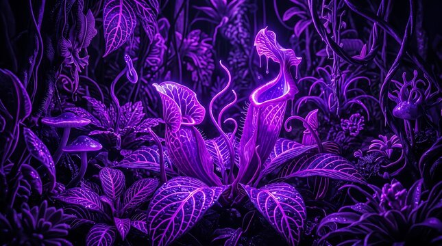 Neon Purple Glowing Pitcher Plants and Exotic Flora in Dark Cyberpunk Jungle Background