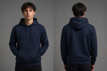 Obraz premium Two views of a young man wearing a dark blue hooded sweatshirt against a plain gray background.