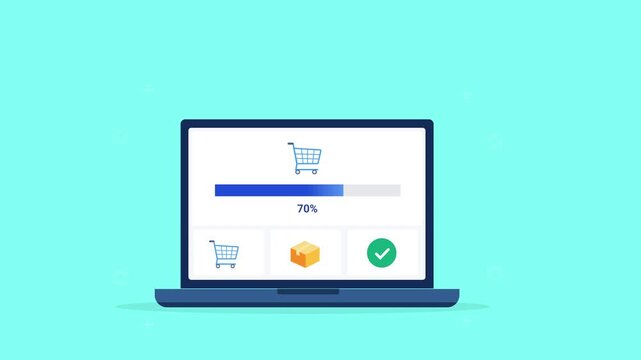 Modern flat vector animation of a laptop displaying a shopping cart interface with purchase status, progress bar, and ecommerce dashboard. Ideal for online shopping, retail, software, and web technolo