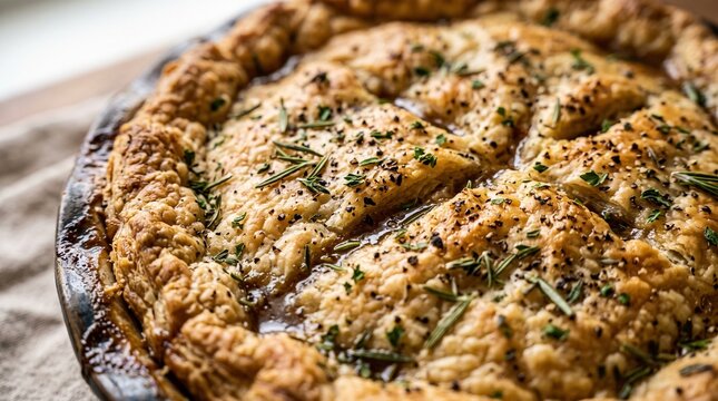 close up Buttery crust with herb flecks (rosemary, thyme, parsley) and cracked black pepper, tiny streaks of pan jus shining in the crevices