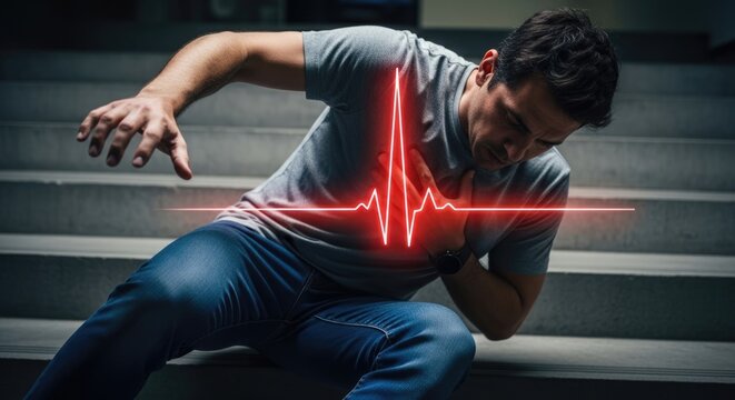 Man experiencing chest pain and heart issues, visualizing a critical health emergency, emphasizing cardiac arrest risks, and the urgent need for medical intervention and preventative care,