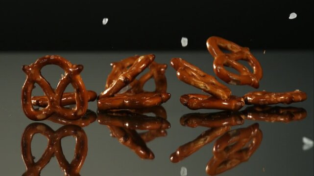 Salted pretzels falling and bouncing on a reflective dark surface in slow motion for food advertising