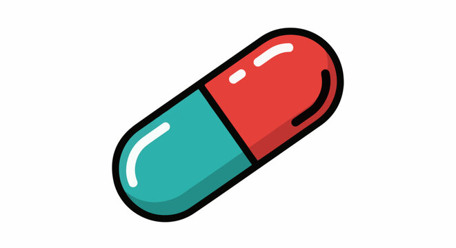 A cartoon-style illustration of a two-toned red and green capsule