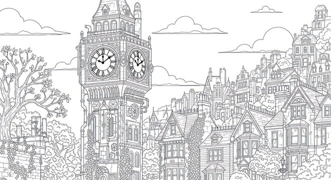 Intricate black-and-white sketch of cityscape with historic clock tower