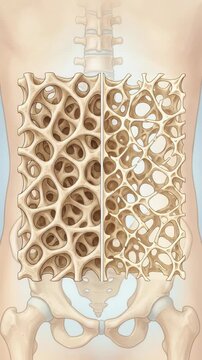 Internal skeletal condition: normal density, fragile structure, porous tissue, osteoporosis disease, calcium deficiency, bone weakness, medical problem, human anatomy, elderly health.