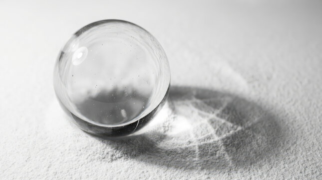 clear glass sphere casting shadow on white textured surface with reflected window light for purity minimalism science optics balance luxury product design abstract background copy space