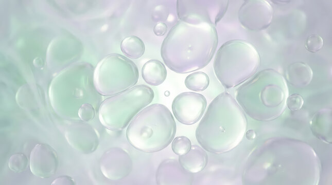 abstract translucent pastel jelly bubbles floating over soft mint lavender background for skincare wellness beauty packaging design calm fluid texture concepts with fresh minimal copy space
