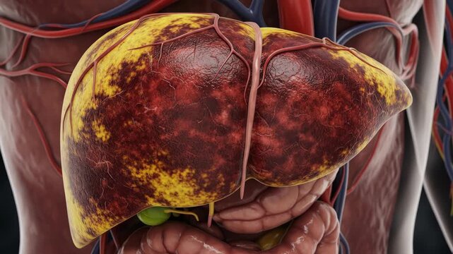 Hepatic tissue damage: hepatitis progression, liver dysfunction, cell inflammation, tissue fibrosis, jaundice symptom, viral infection, disease state, human anatomy.